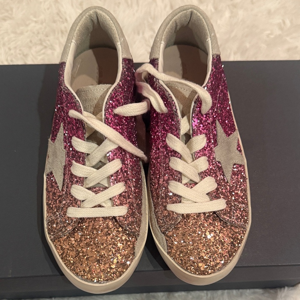 Golden Goose Pink and Gold Glitter Kids Sneakers
